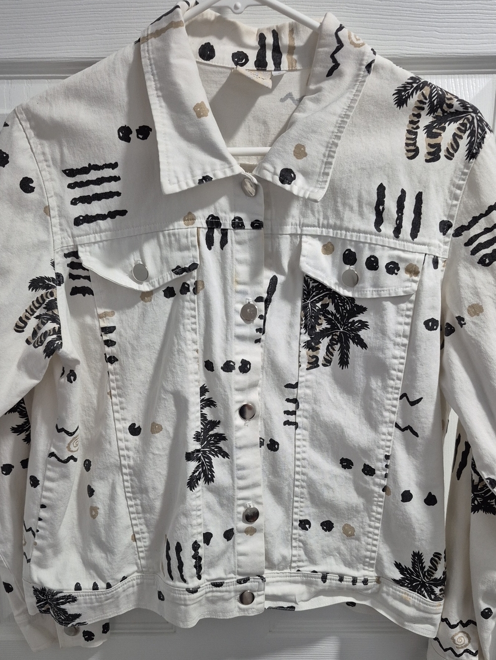 White Printed Denim Jacket with Black Palm Motif